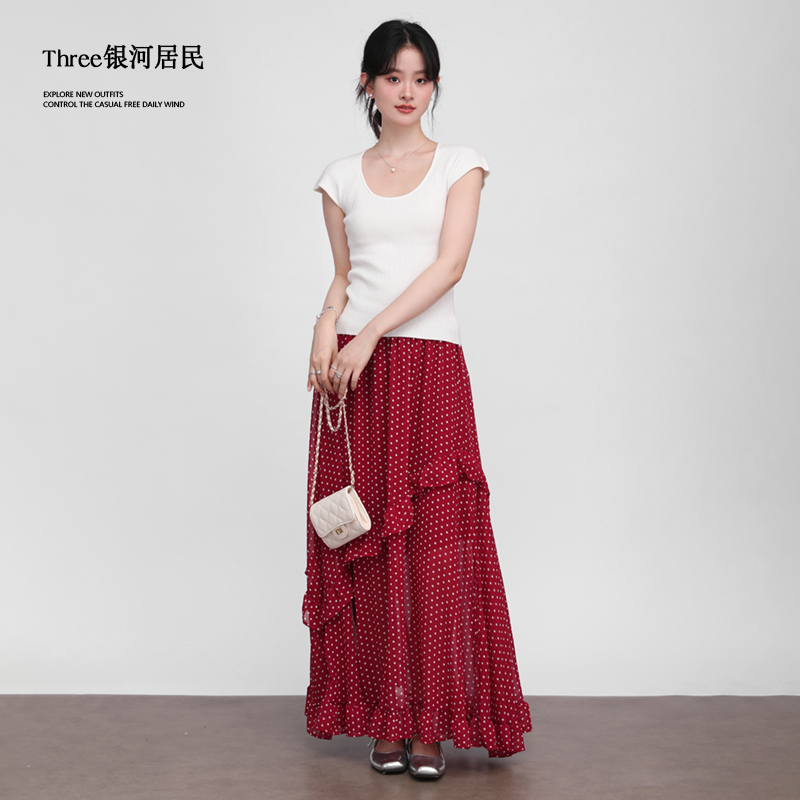 Three High Waist Thin Irregular Ruffle Edge Polka Dot Skirt