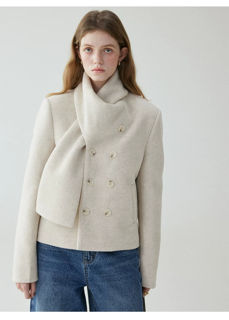 VOOE Scarf Collar Double-breasted Front-shoulder Woolen Jacket