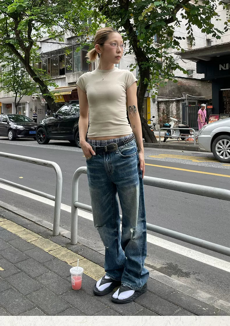 MMBBT Ripped Splicing Embroidered Straight Jeans