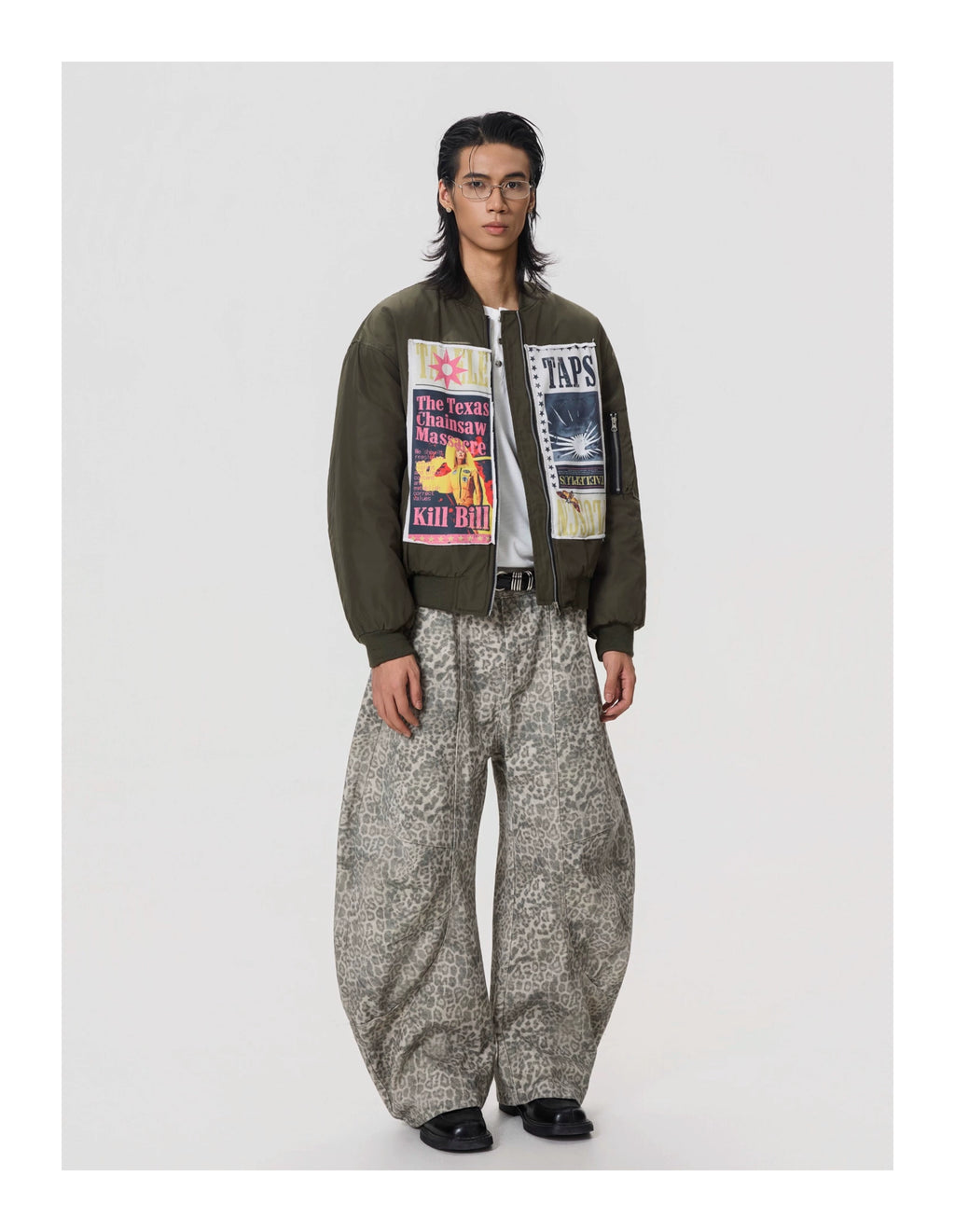 BTSG Vintage Pleated Leopard Wide-leg Jeans