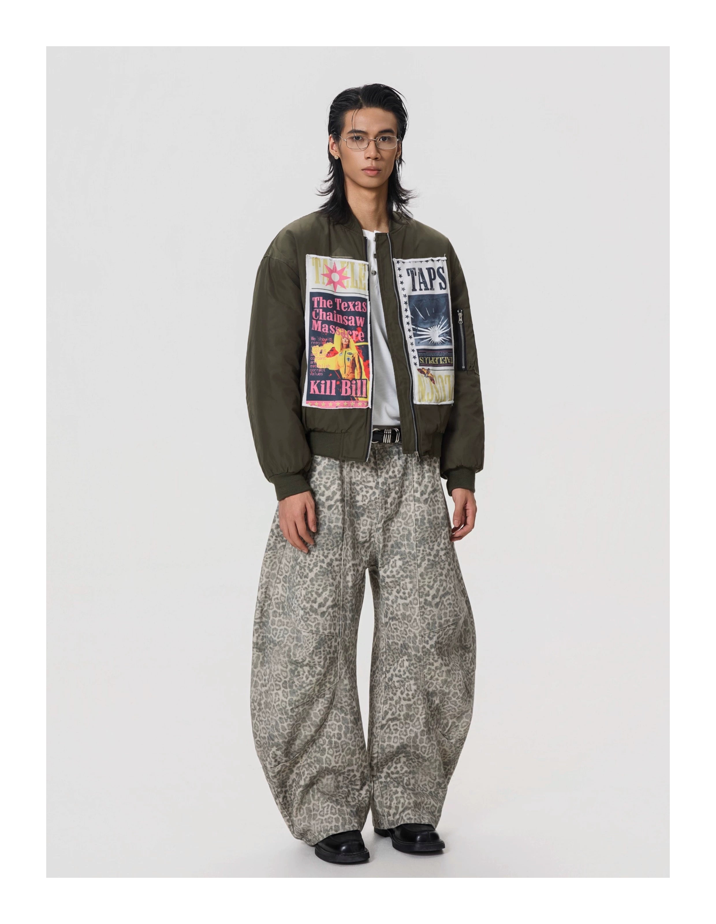 BTSG Vintage Pleated Leopard Wide-leg Jeans