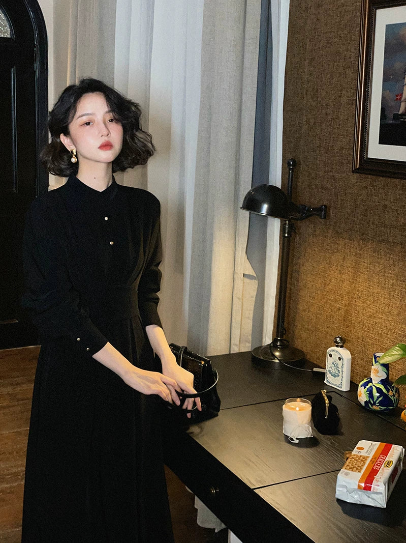 KELIFAN Retro Stand-up Neck Long-sleeved Dress