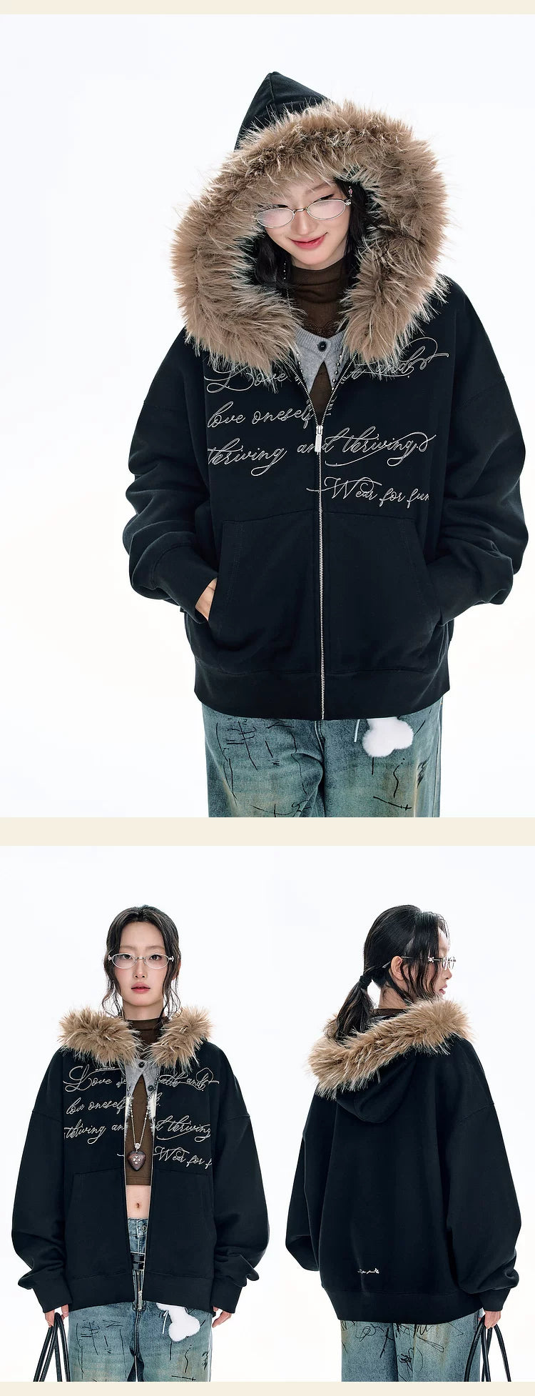 BJHG Vintage Fleece Collar Hooded Sweater Jacket