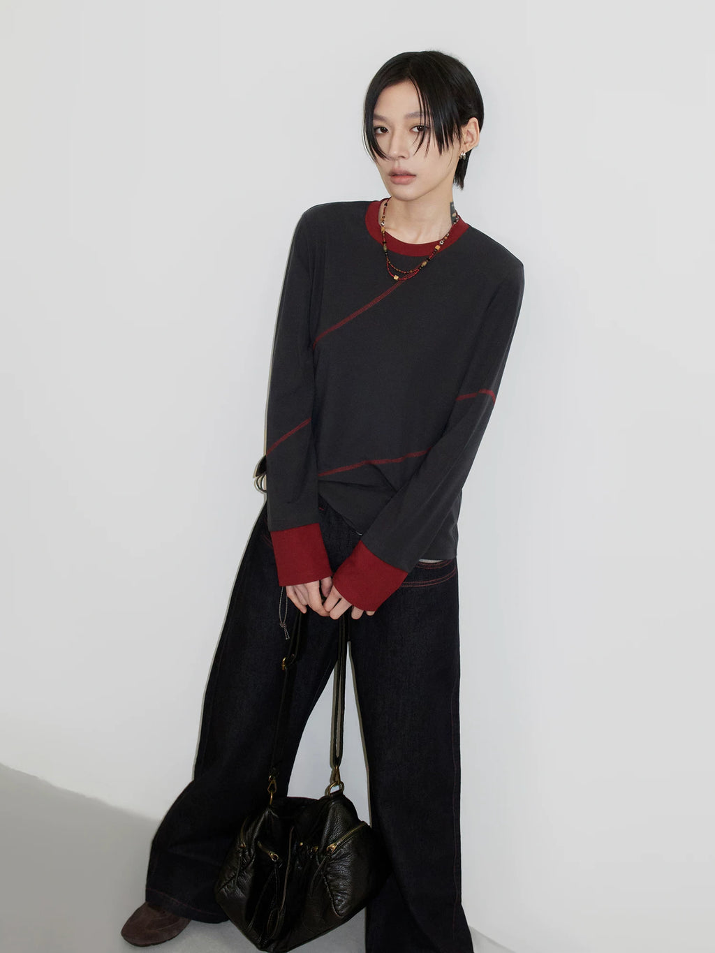 Sameuoo Fake Two Pieces Crew Neck Long Sleeve