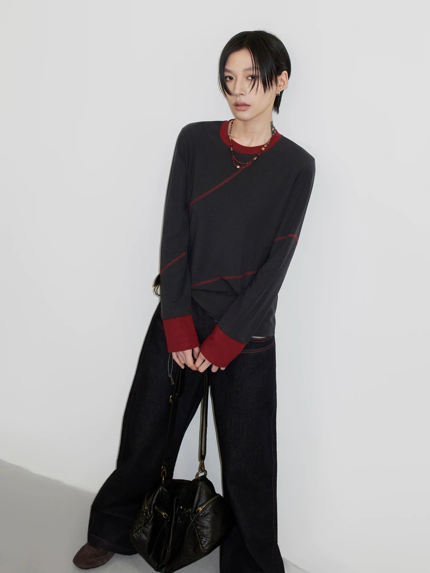 Sameuoo Fake Two Pieces Crew Neck Long Sleeve