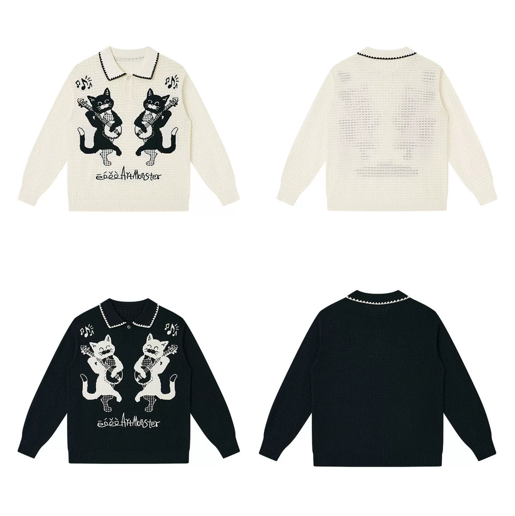 eeeeArtmonster Cat Jacquard Knitted Hollow Long Sleeve Blouse