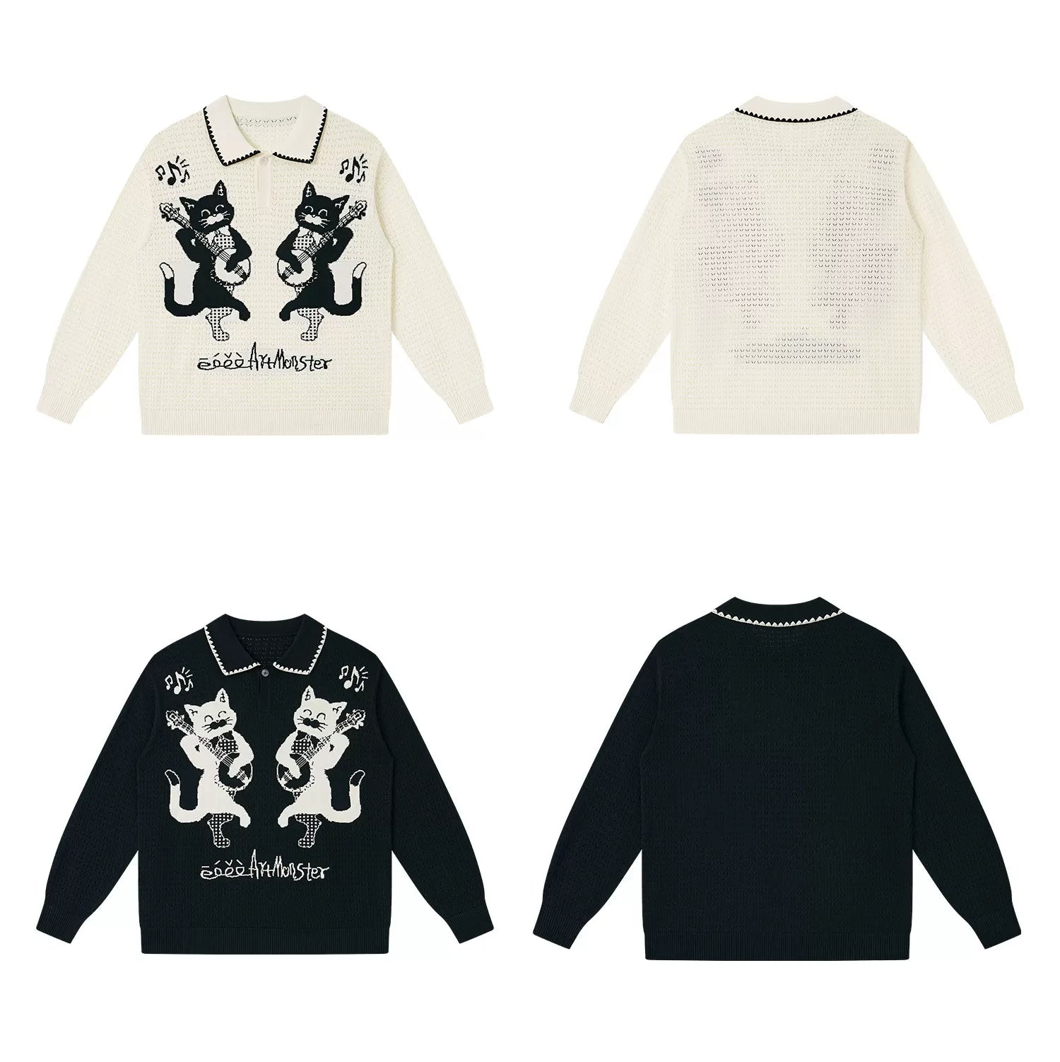 eeeeArtmonster Cat Jacquard Knitted Hollow Long Sleeve Blouse