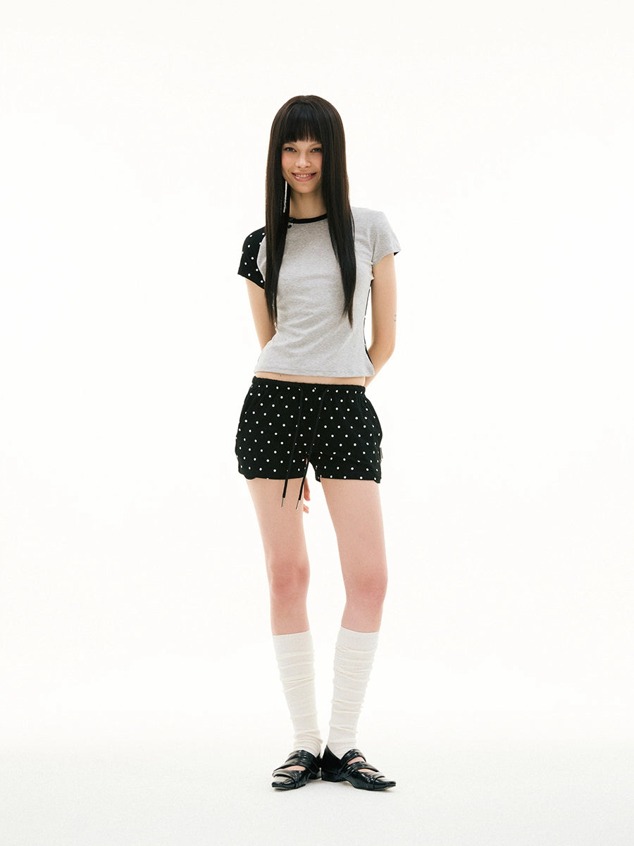 FUNKYFUN Polka Dot Contrasting Irregular Splicing Tee