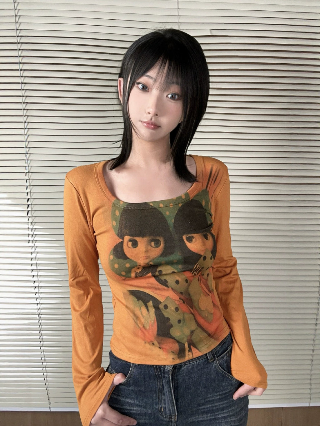 WEBBAR Splicing Wide Neckline Slim Sleeve