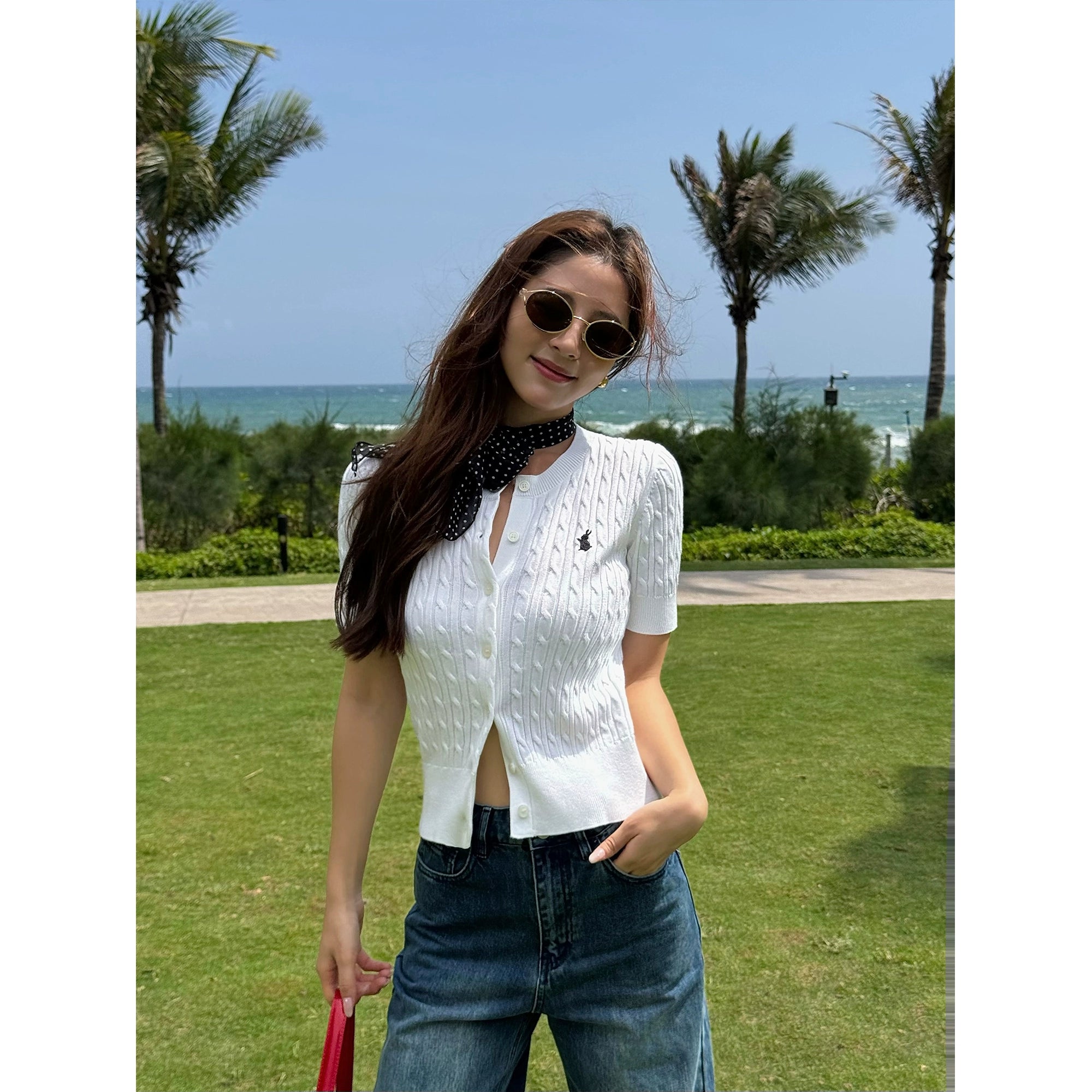 NEVA HU Embroidered Crew Neck Twist Short-sleeved Knitted Cardigan