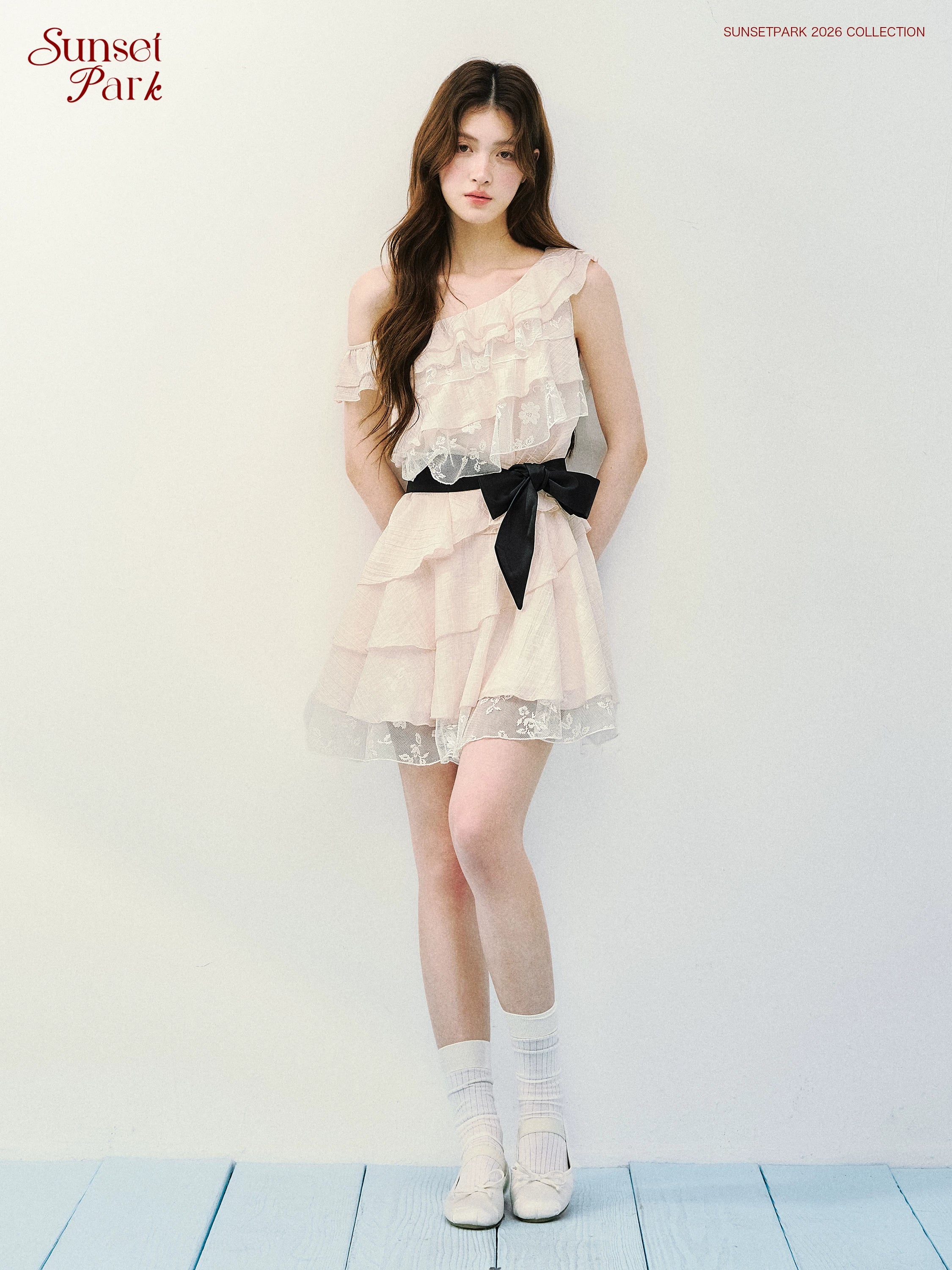 SunsetPark Fake Two-piece Slanted Shoulder Lace Ruffle Dress