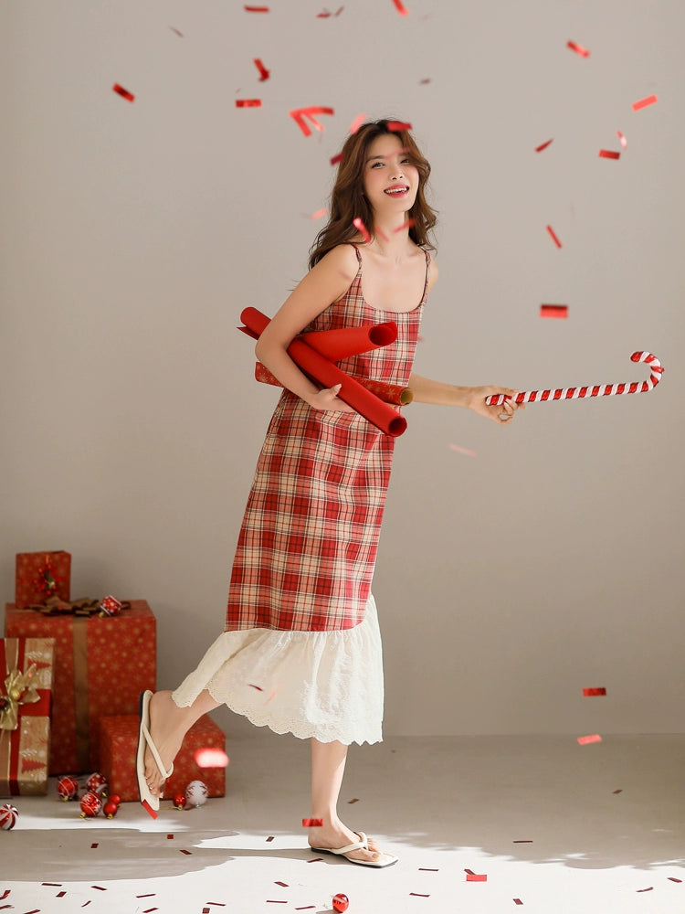 Yuenei Casual Plaid Nightdress with Chest Pad