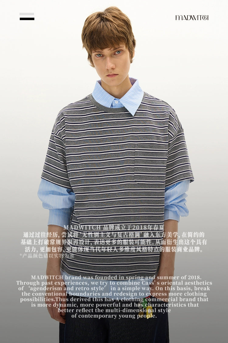 MADWITCH Fake Two-piece Splicing Striped Shirt Collar Long Sleeve