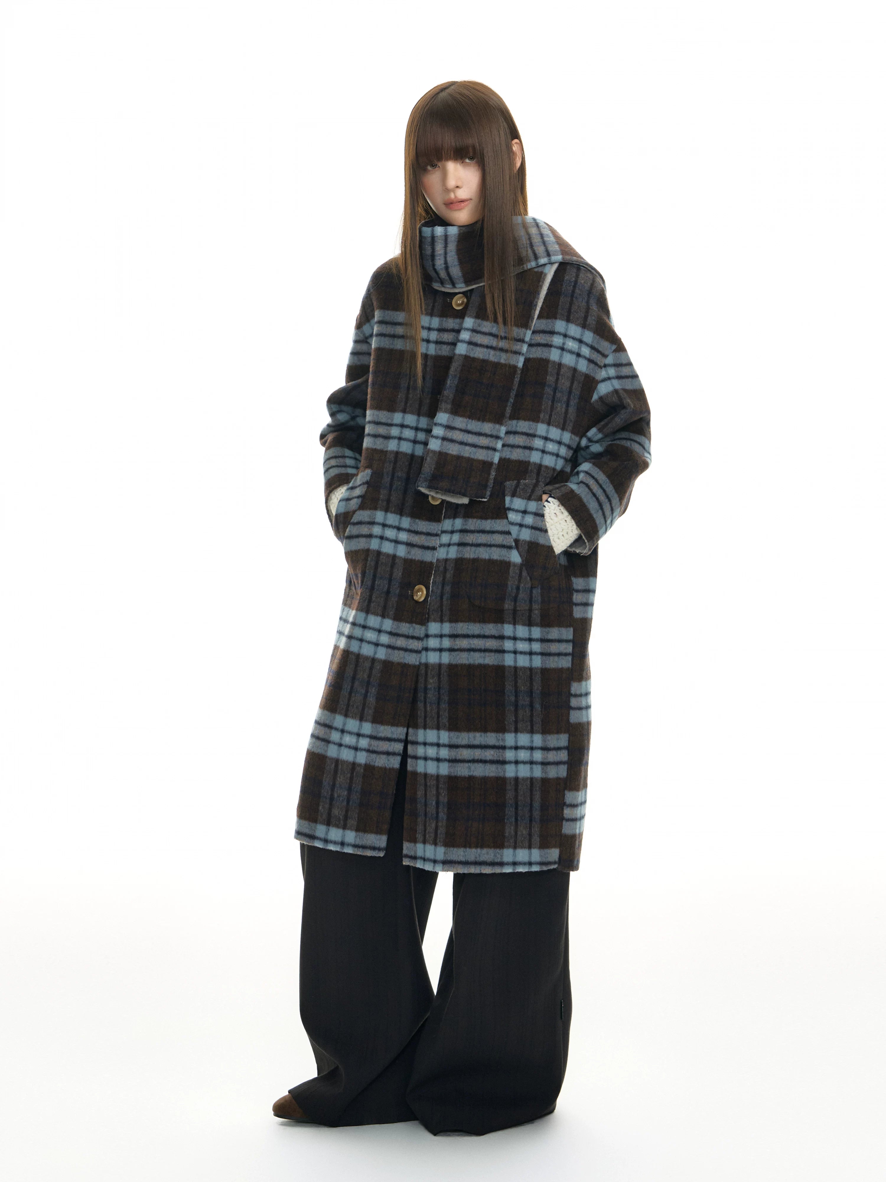 TGNS Plaid Scarf Double-sided Tweed Coat