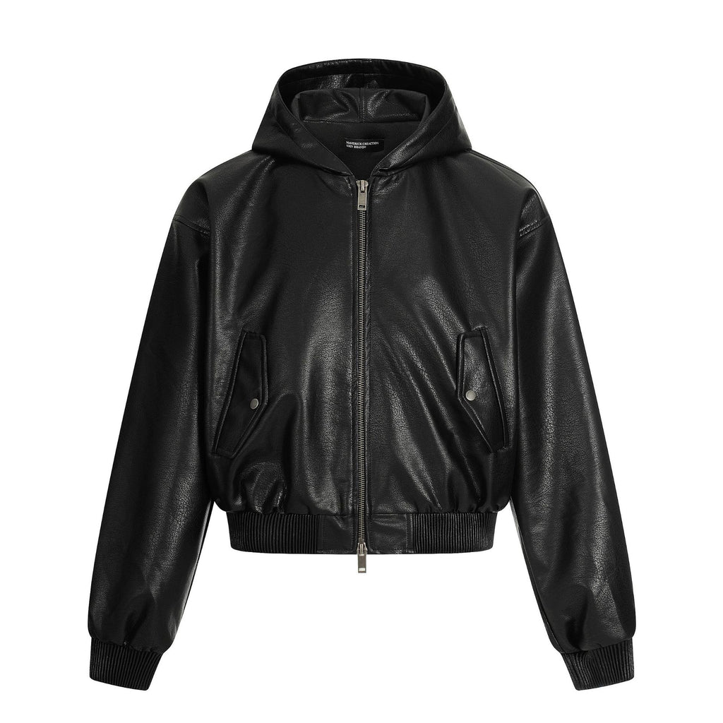 11KN Hooded Short Wide Leather Jacket Embossed Pattern Jacket