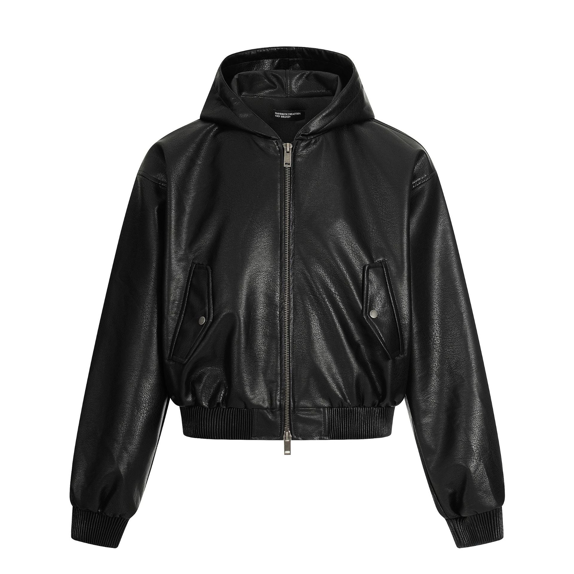 11KN Hooded Short Wide Leather Jacket Embossed Pattern Jacket
