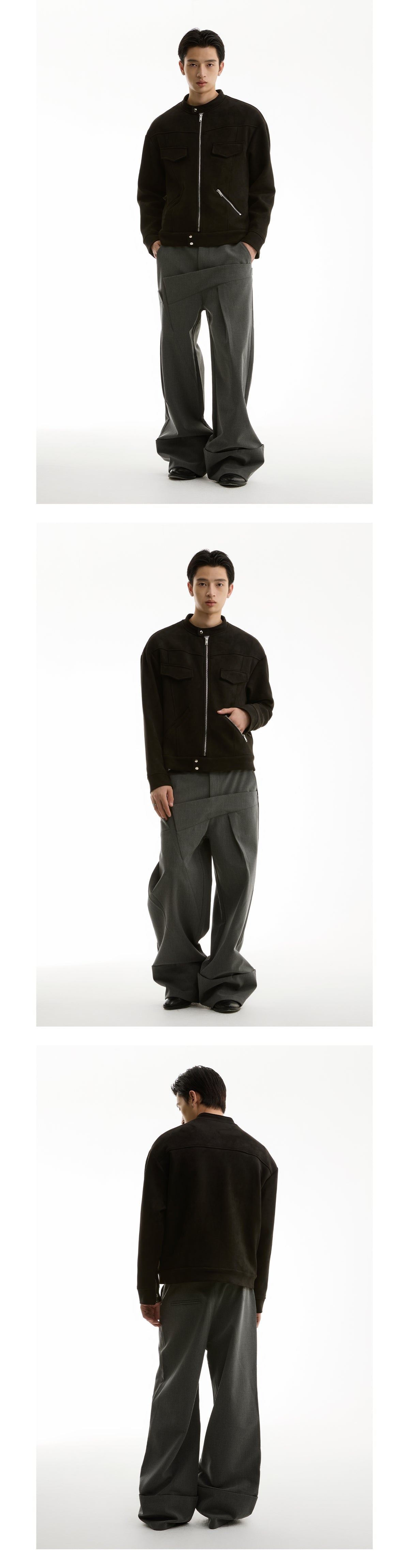 FUNKYFUN 2024AW black suede small stand-up neck zipper loose jacket jacket