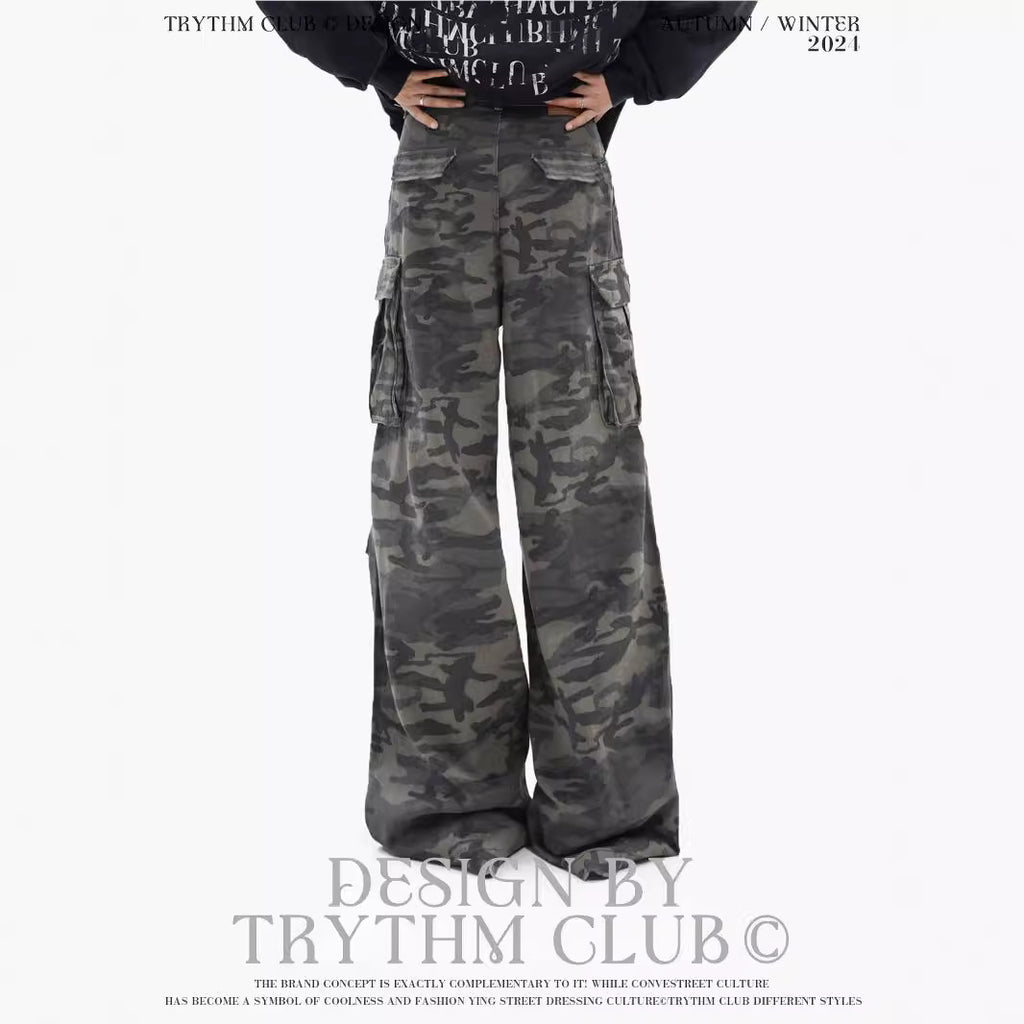 TRYTHMCLUB Vintage Camo Pocket Tooling Straight Loose Wide Leg Pants