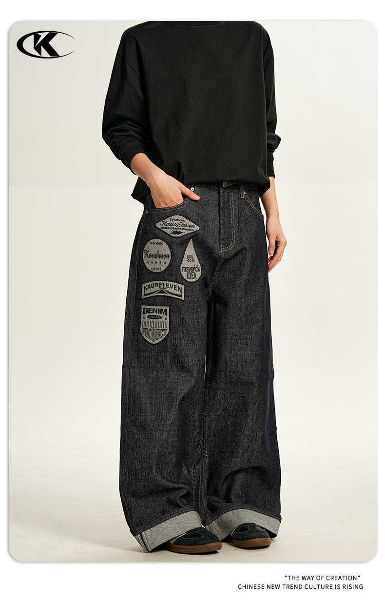 11KN 11 oz Wide-Leg Denim Jeans with Embroidered Patches