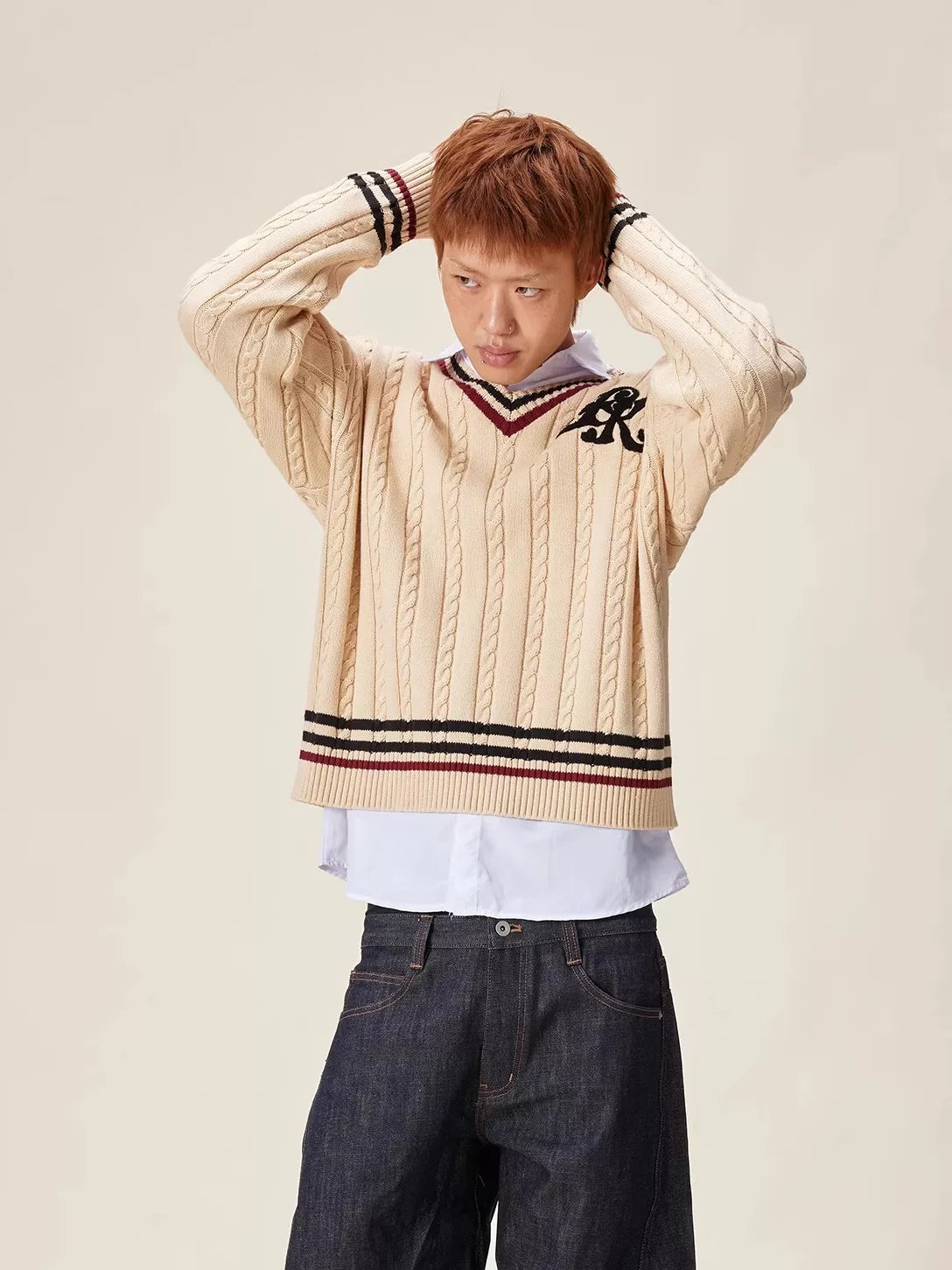 EK Academy Style Loose V-Neck Sweater