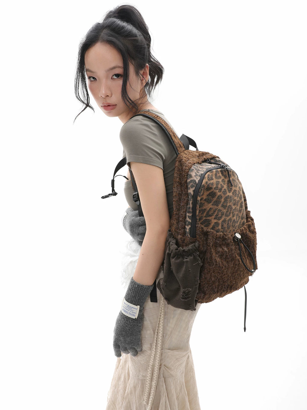 JANDRESS Stitching Leopard Print Pleated Drawstring Backpack