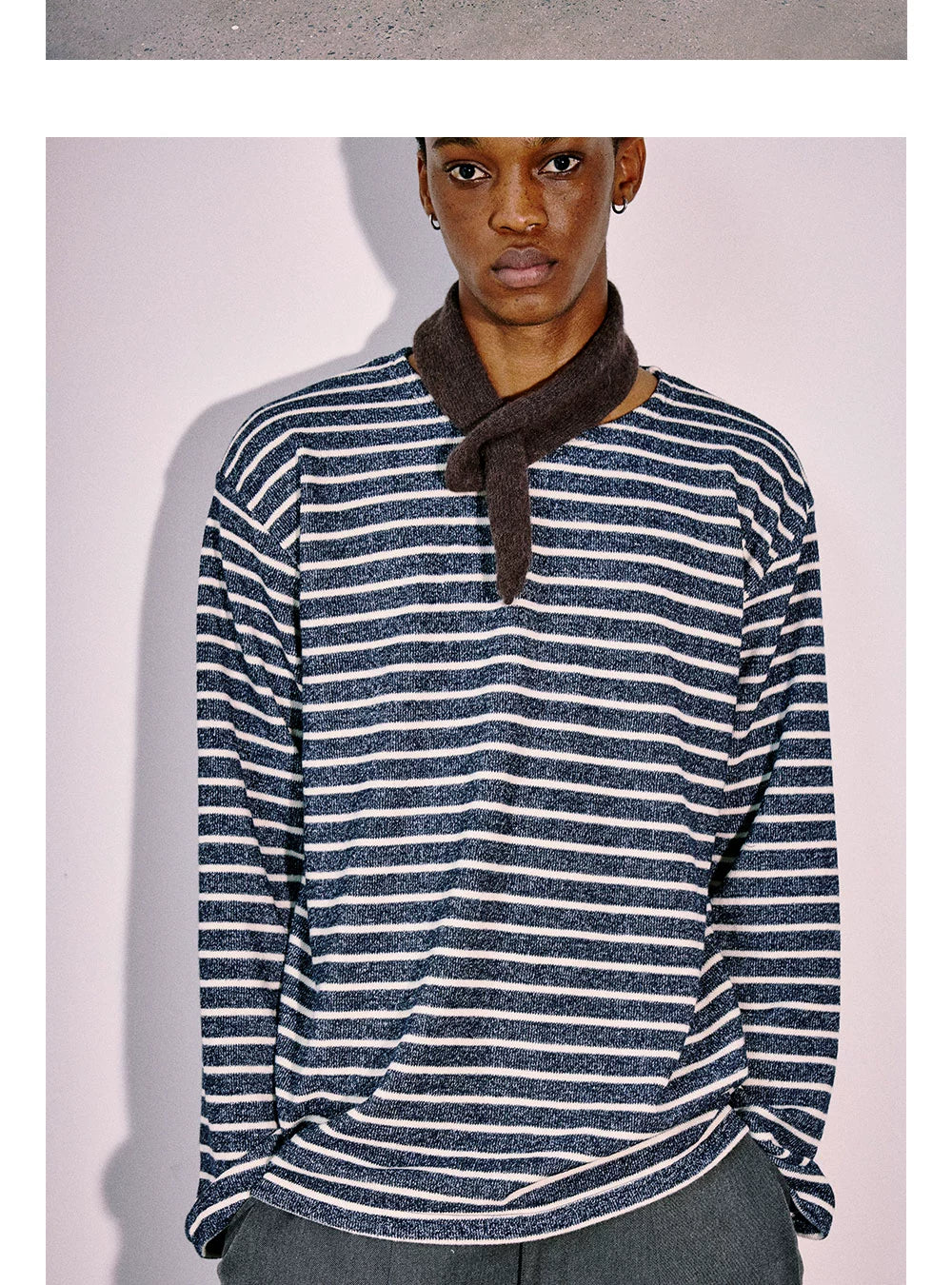 Anniehall Knitted Navy Stripe Thickened Terry Long Sleeve
