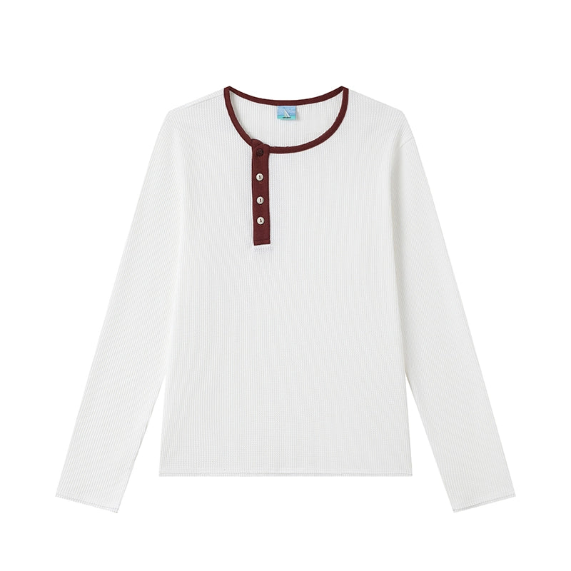 CryingCenter Waffle Diagonal Placket Two-color Button Round Neck Long Sleeve