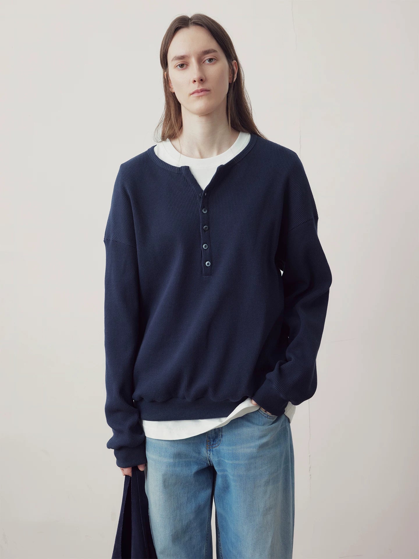 COLN Waffle-breasted Henry-neck Sweater