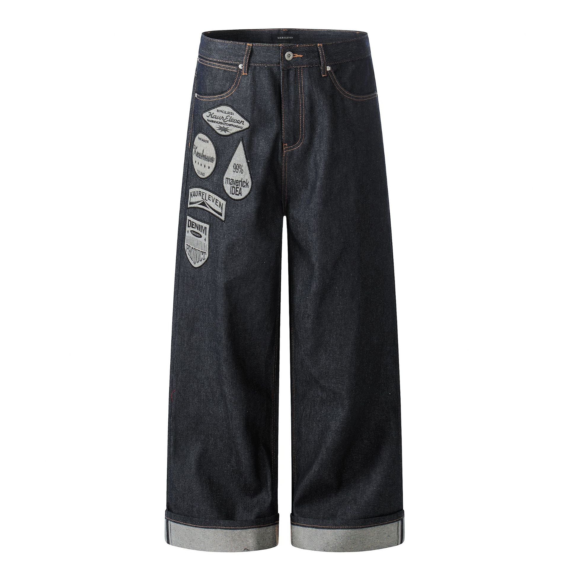 11KN 11 oz Wide-Leg Denim Jeans with Embroidered Patches