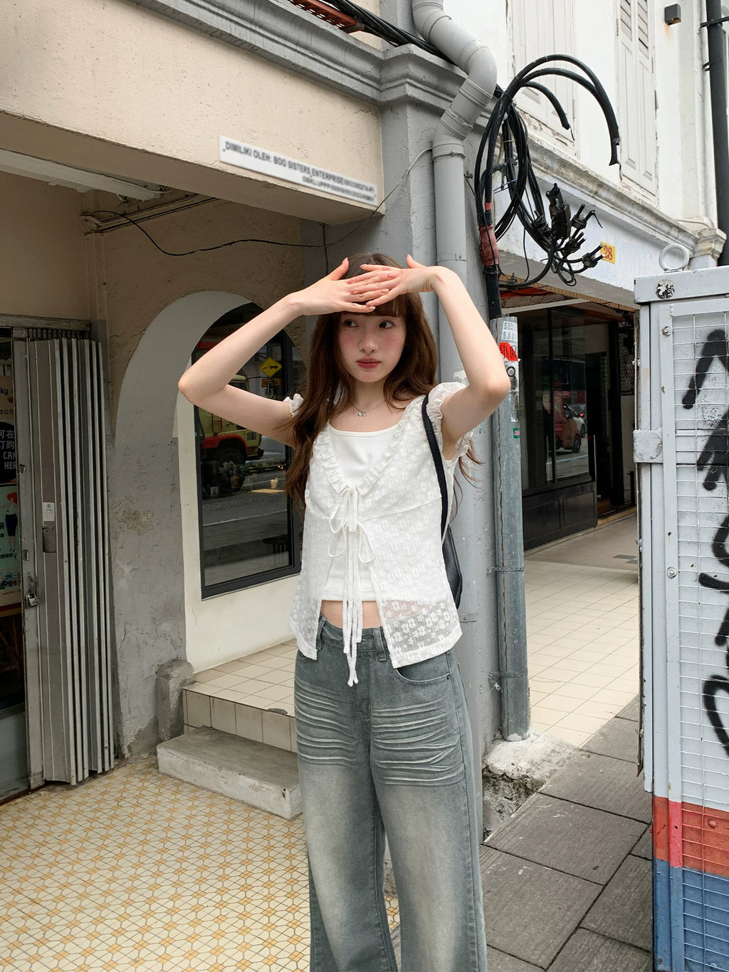 KANO Ruffle Lace Bubble Sleeve Blouse Set