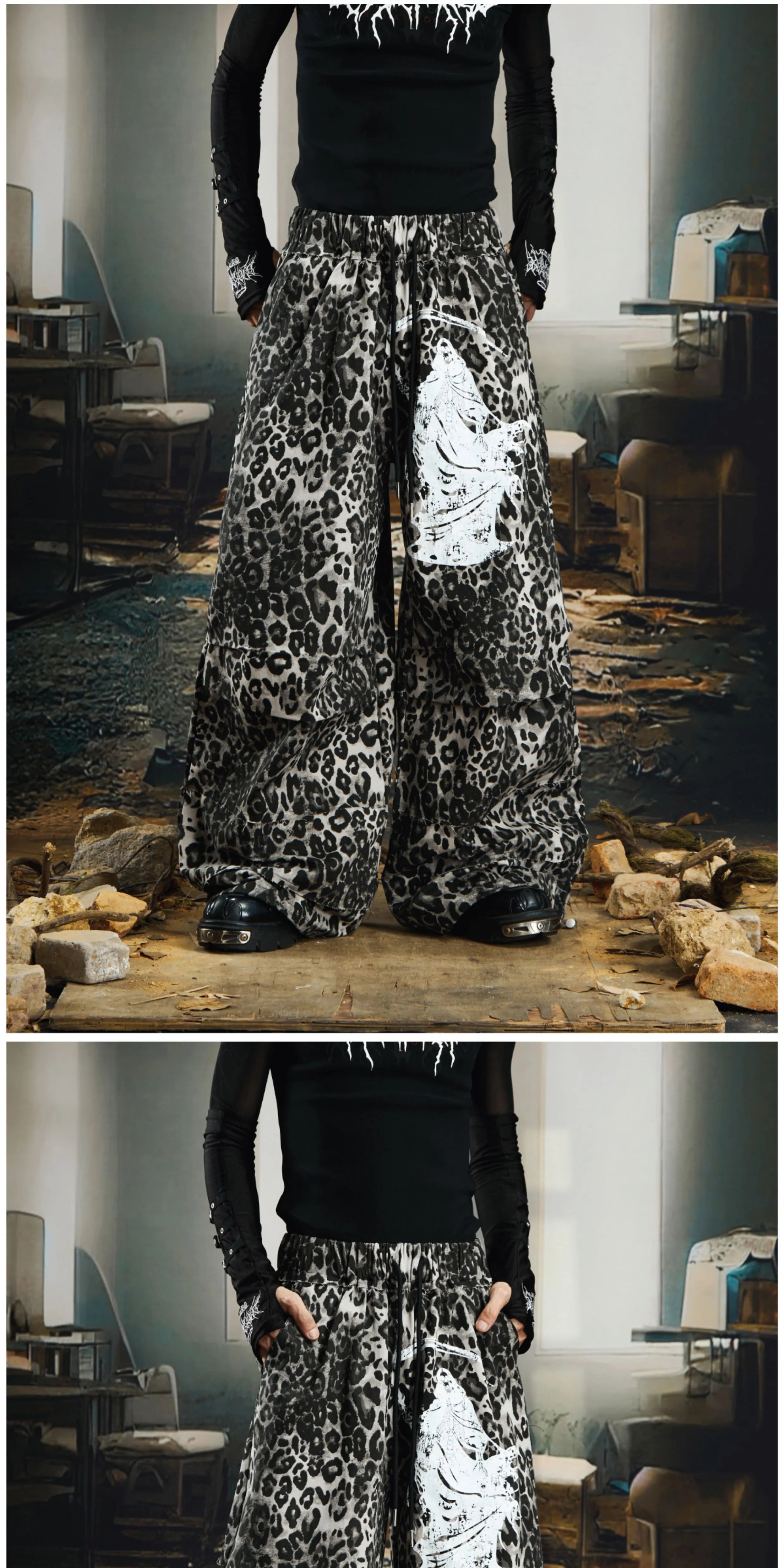 NOMANIAI Niche Leopard Print Loose-fitting Wide-leg Slacks