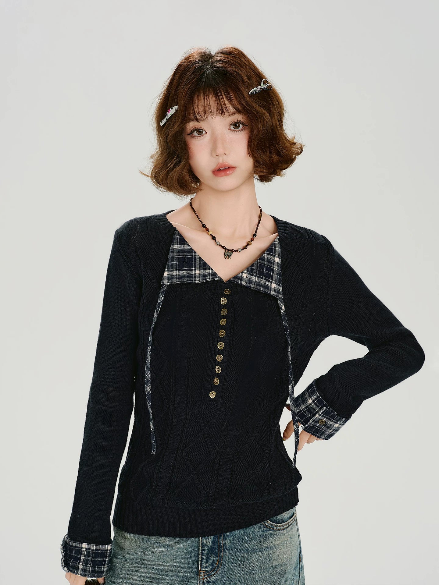 Girlyhalo Vintage Plaid Lapel Knitted Twist Long Sleeve