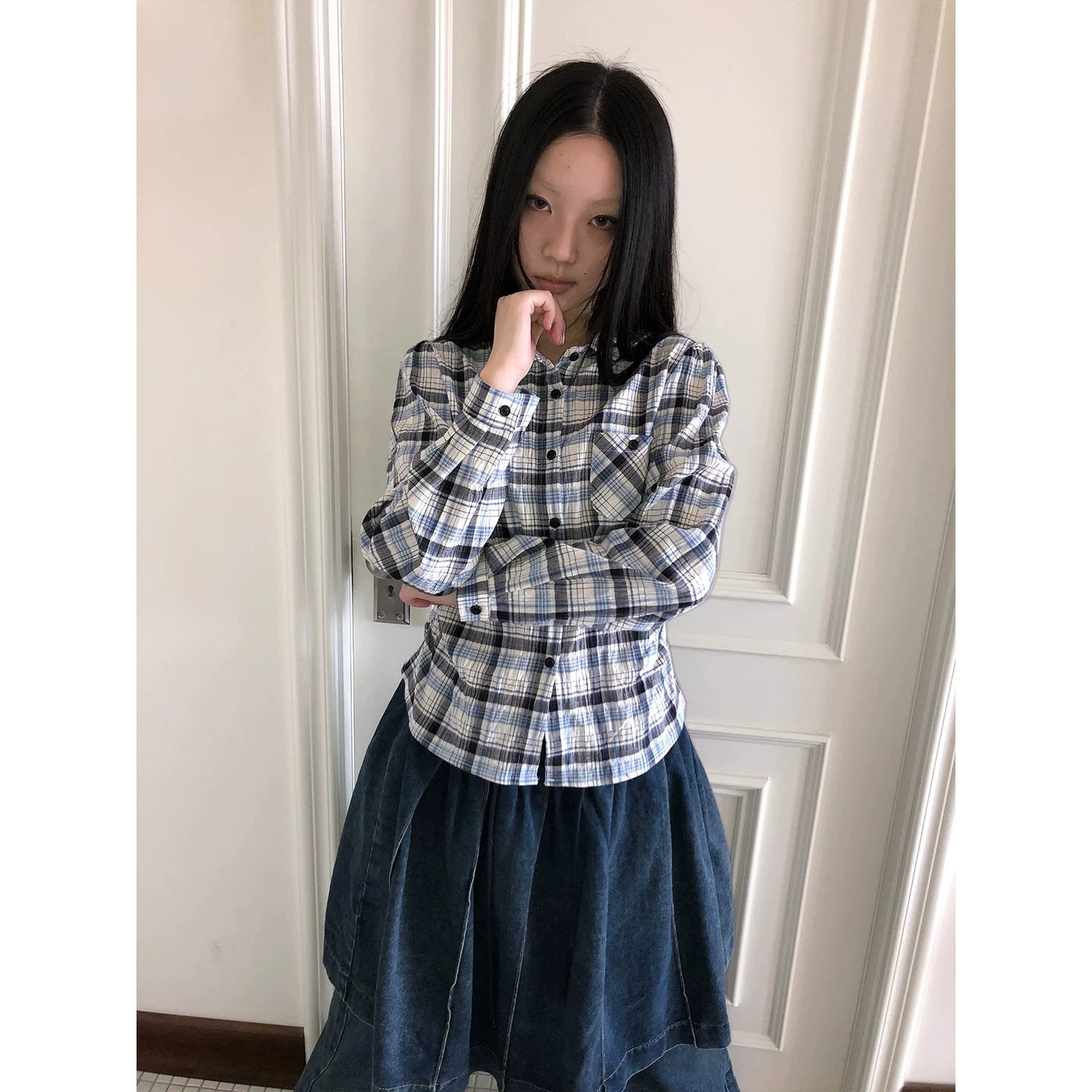 Ang: Project Vintage Versatile Casual Waist Plaid Long-sleeved Shirt