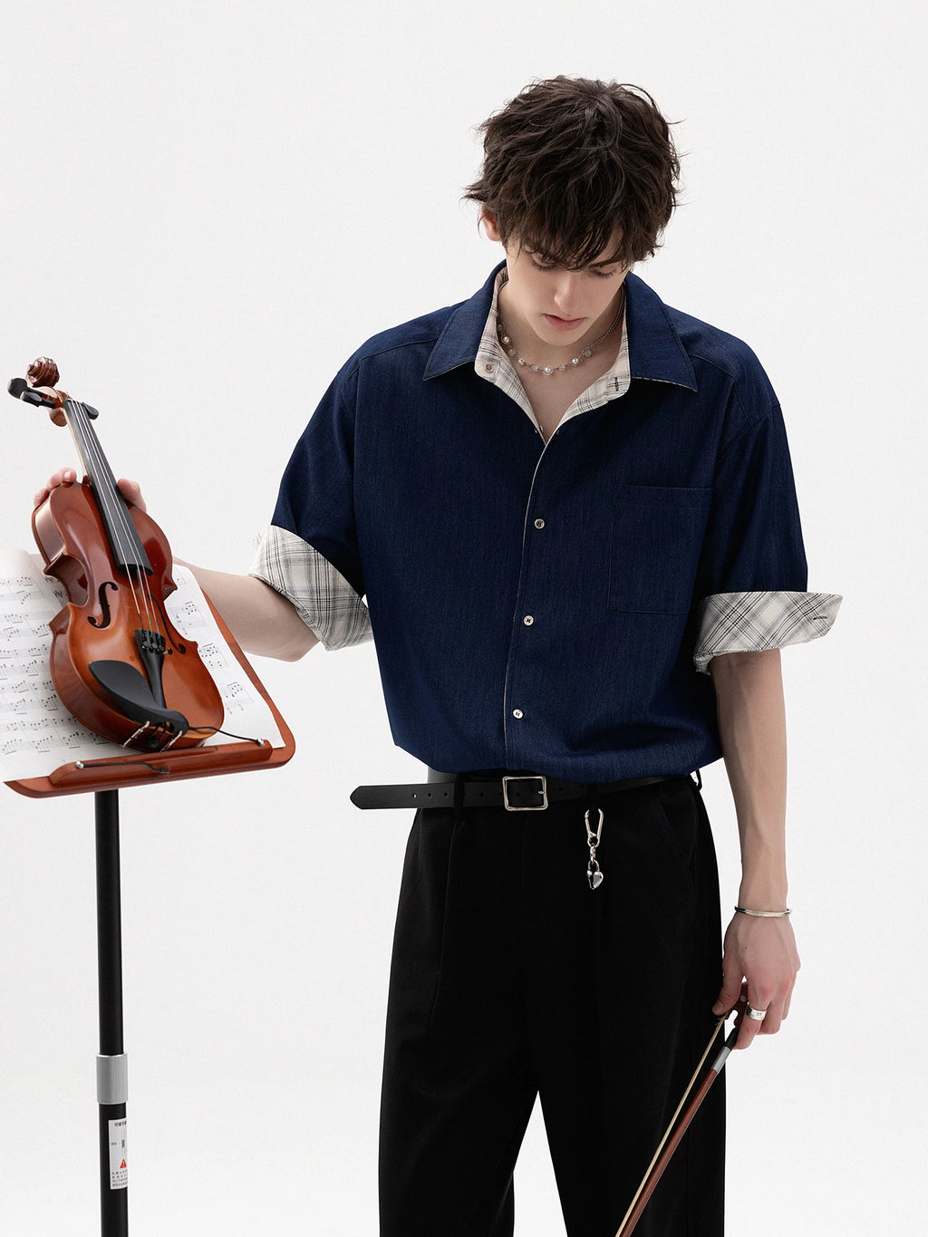 CHOR Ice Silk Denim Splicing Checked Roll Sleeve Shirt