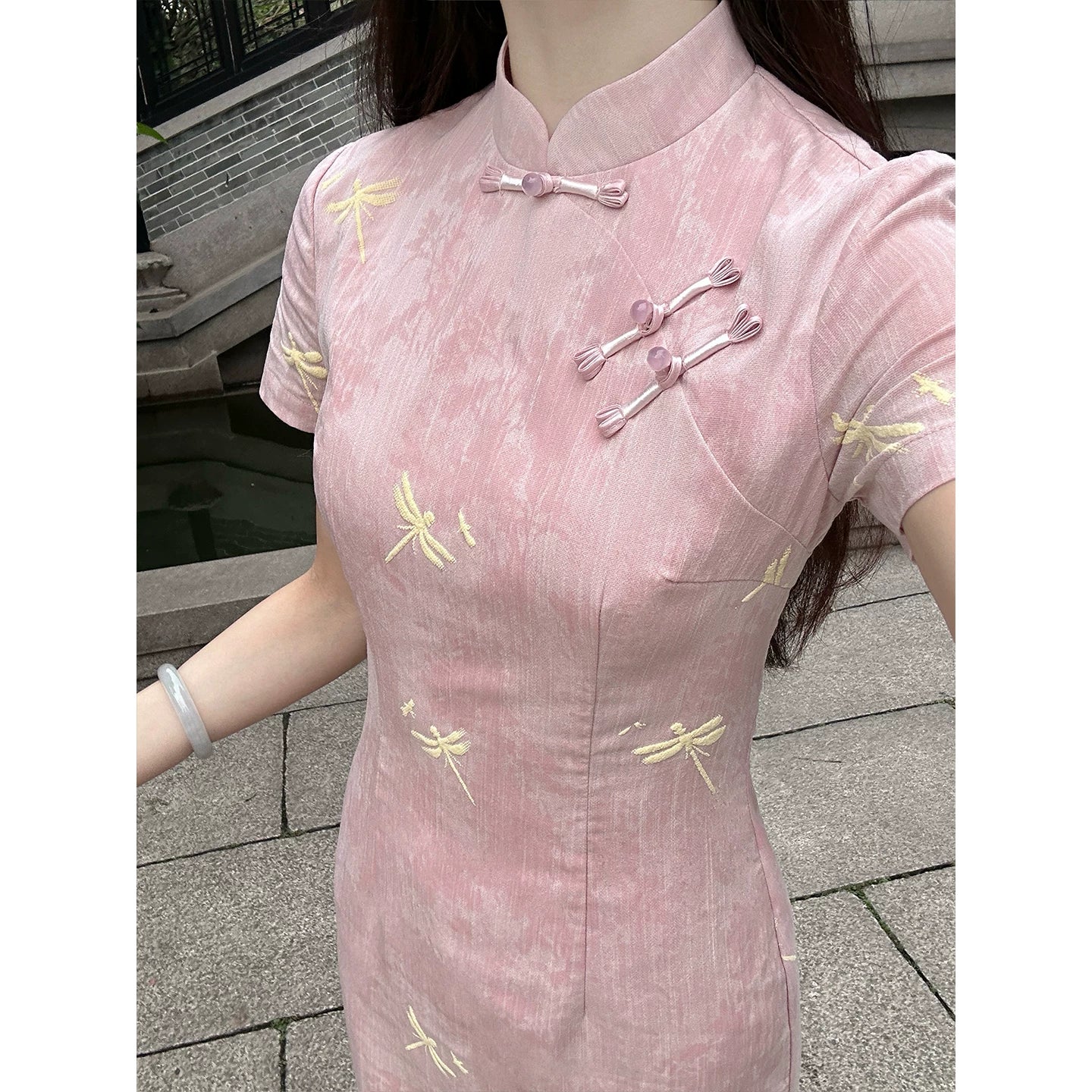 ZIHE Dragonfly Print Stand-up Collar Dress