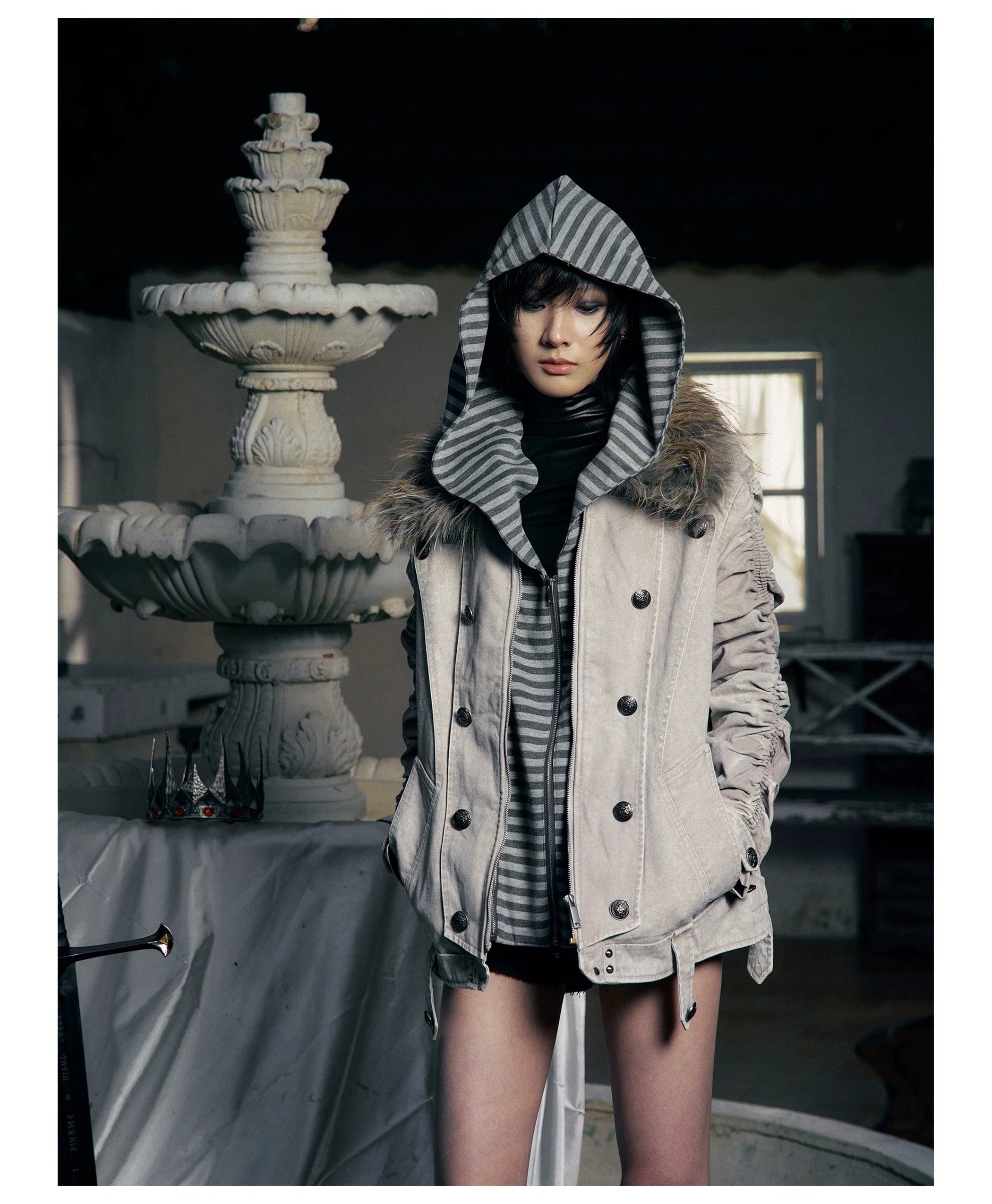 PAIKI Removable Fur Collar Double-breasted Jacket Cotton Jacket
