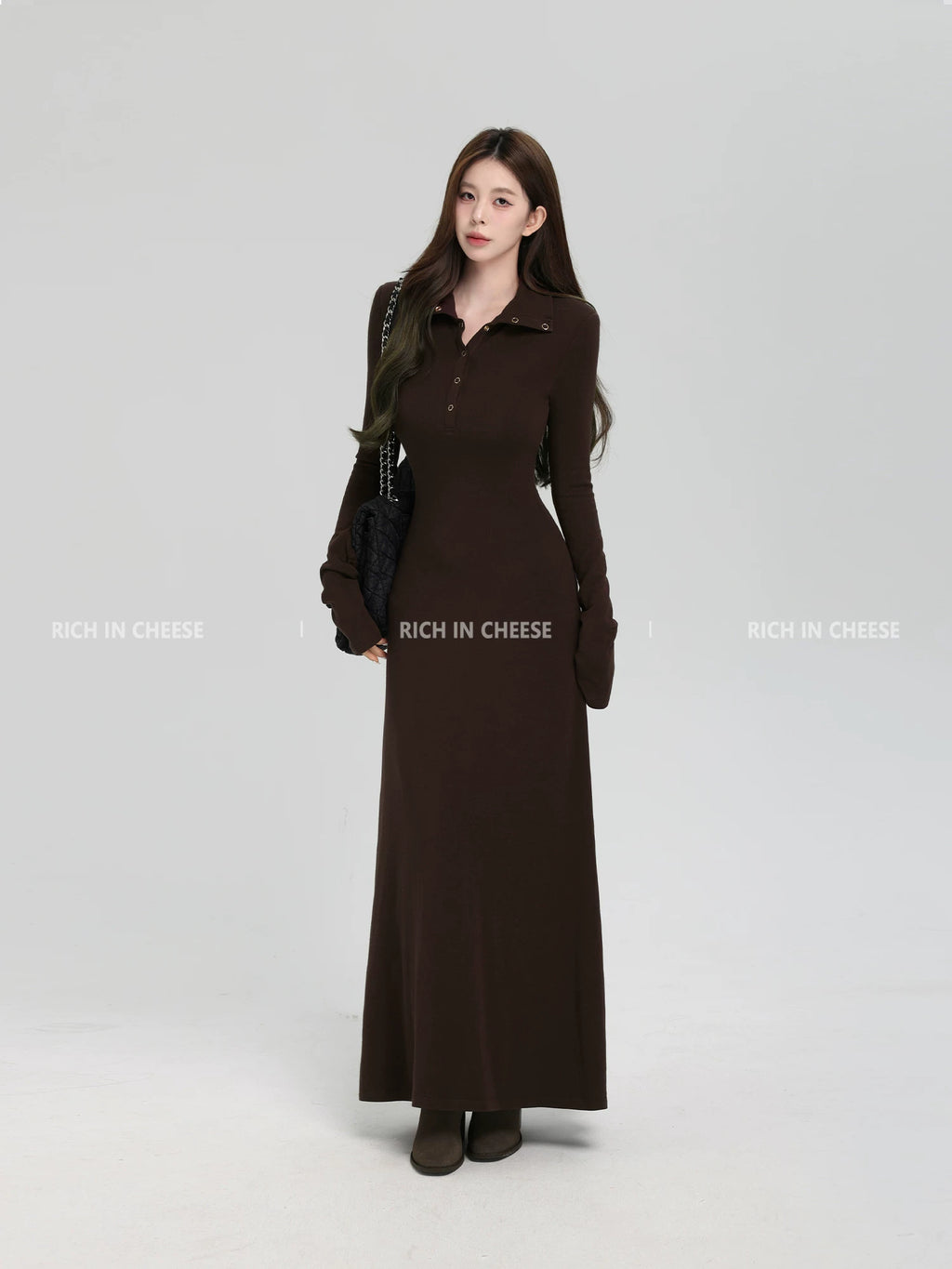 RICH IN CHEESE Turndown Collar Waist Slim Knitted Dress