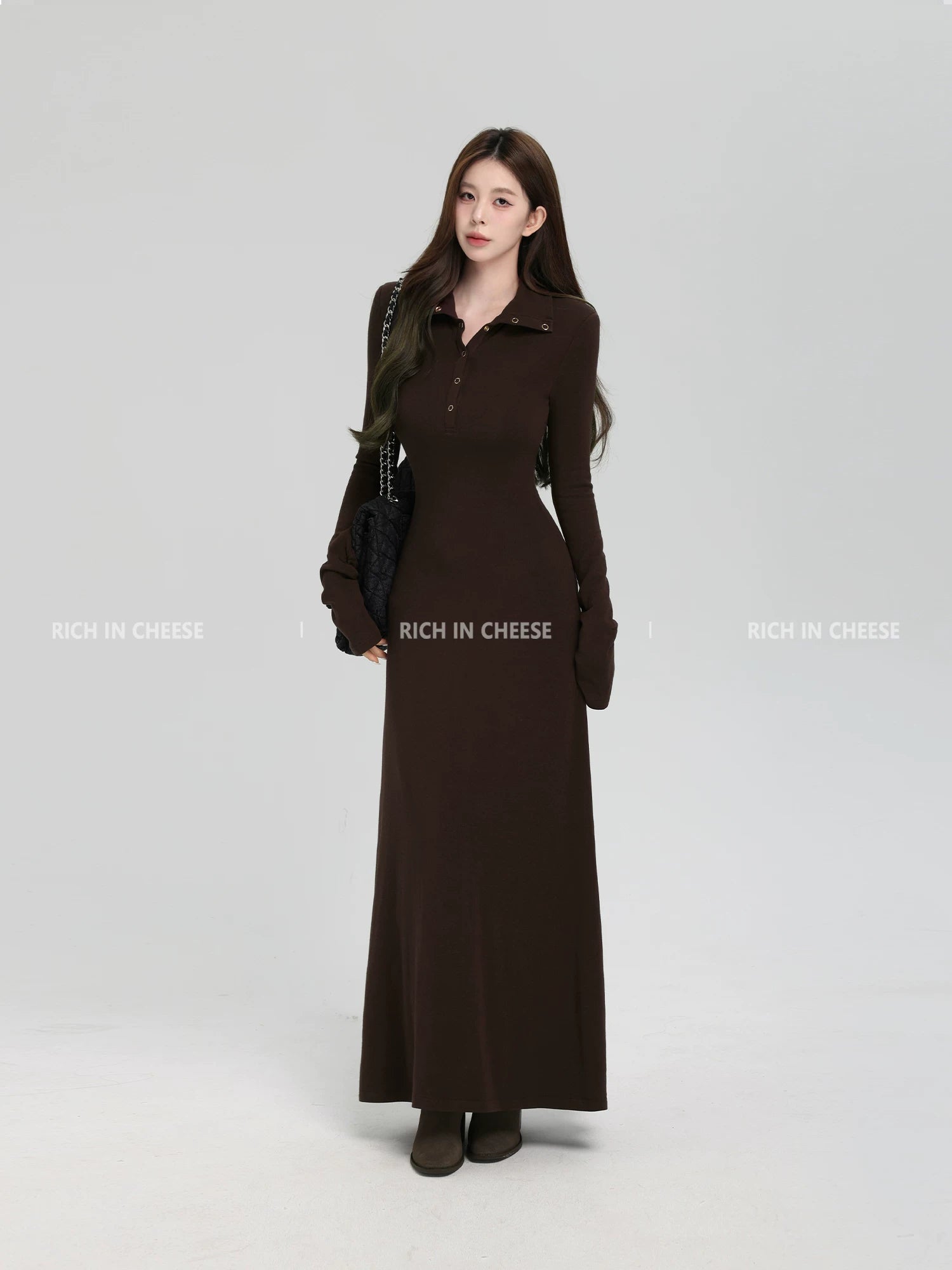 RICH IN CHEESE Turndown Collar Waist Slim Knitted Dress