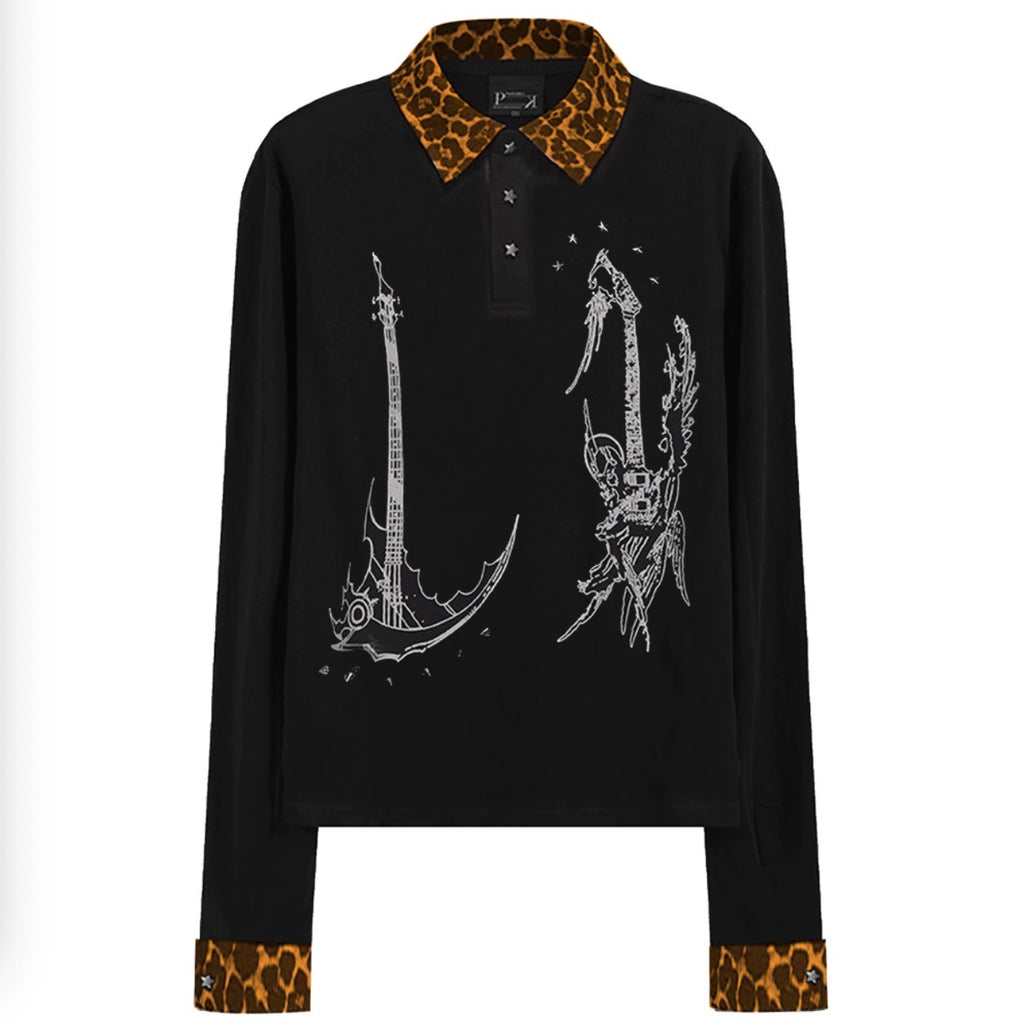 PAIKI Leopard Print Spliced Lapel Polo Shirt