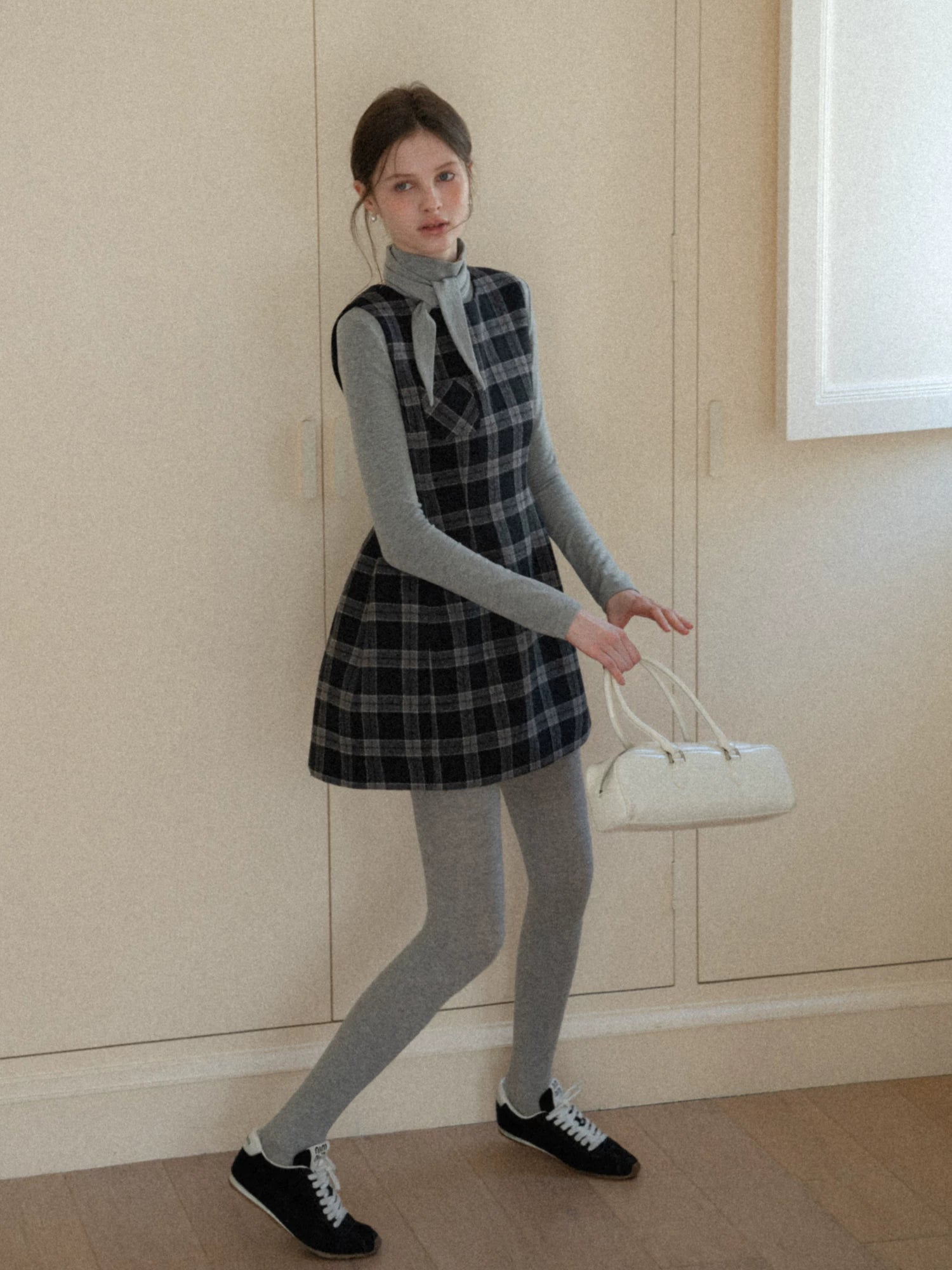 EGGKA Woolen Waist Thin Plaid Vest Dress