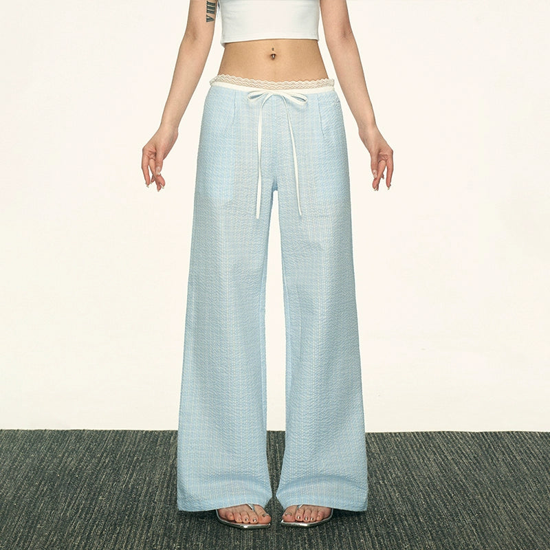 Aaisup Vintage Plaid Lace Spliced Bow Wide Leg Pants