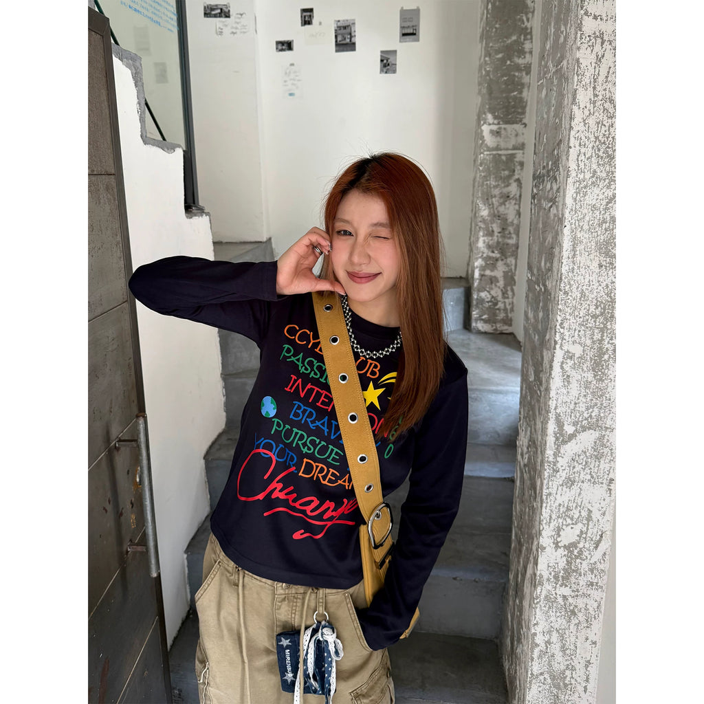 CCYE Letter Print Front Shoulder Crew Neck Long Sleeve