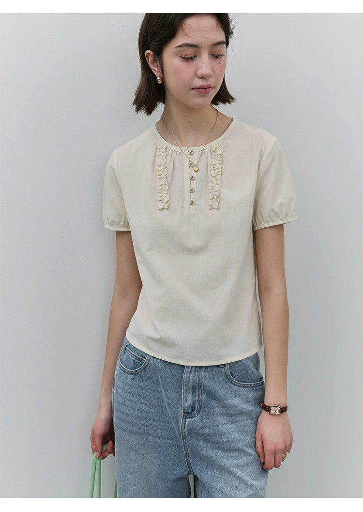 VOOE Fungus Edge Front Shoulder Crew Neck Casual Shirt