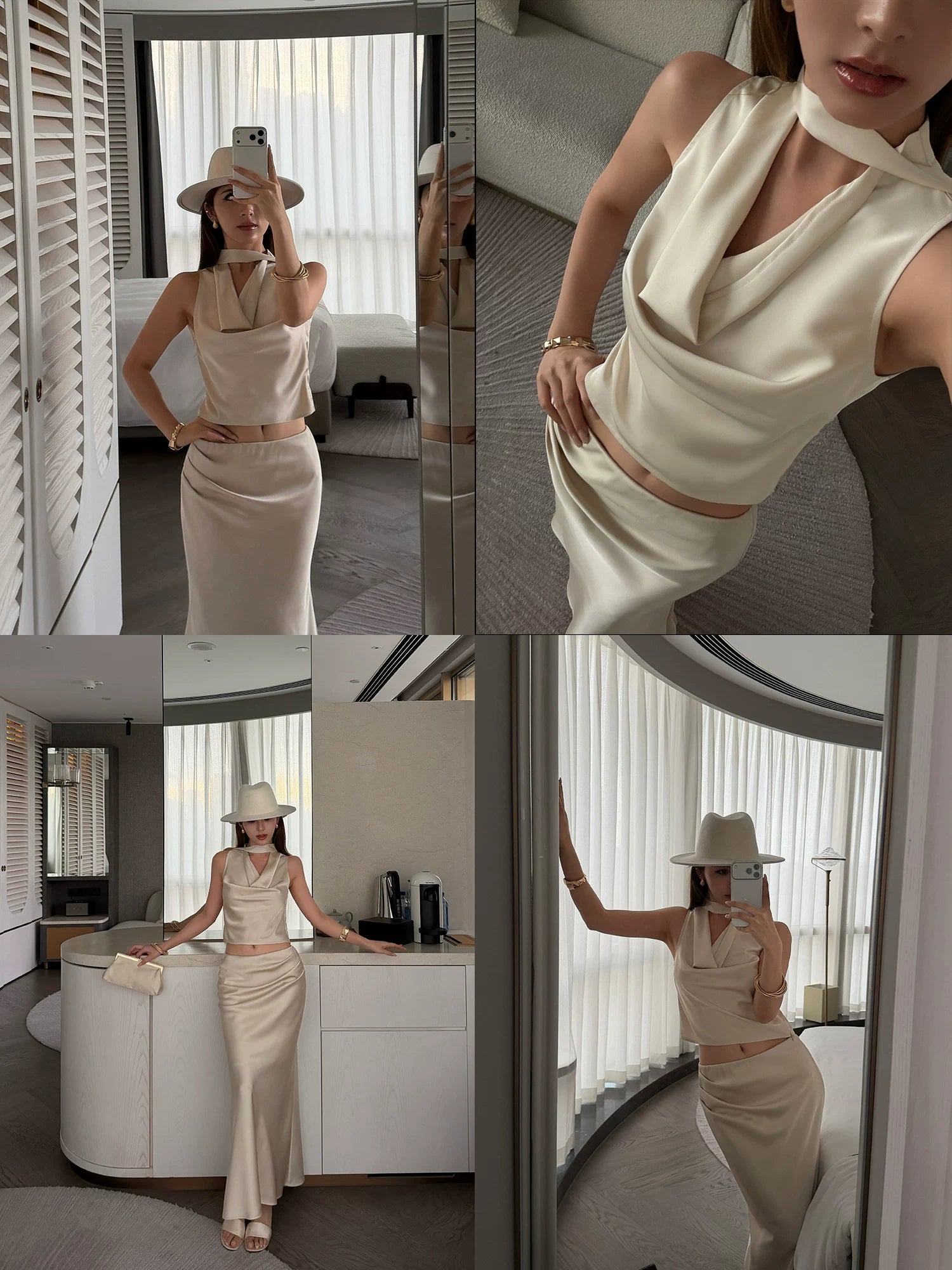NEVA HU Satin Neck Vest Pinch Pleated Fishtail Skirt Set