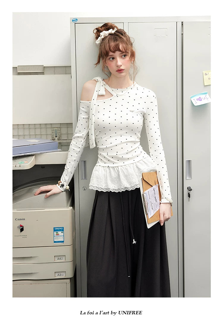 UNIFREE Polka Dot Off Shoulder Waist Strap Lace Splicing Long Sleeve
