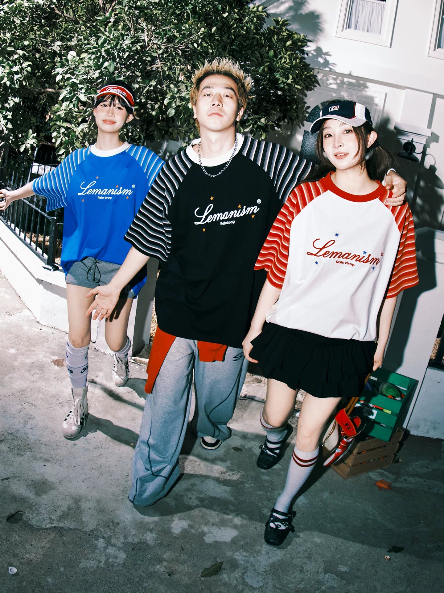 Lemanism Stripe Contrast Shoulder Letter Casual Tee