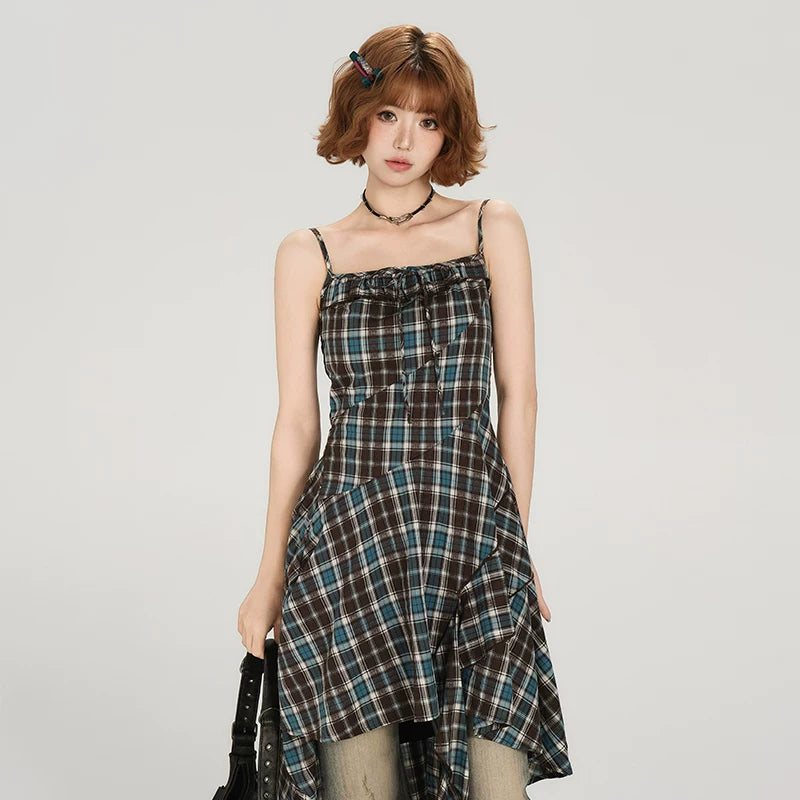 Girlyhalo Vintage Plaid Suspender Dress