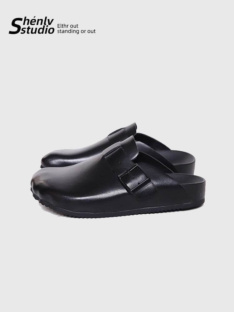 SHENLV Studio Genuine Leather Half-drag Black Head Leather Slippers