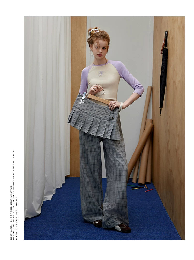 UNIFREE Plaid Straight Loose Wide Leg Skirt Fake Two-Piece Floor Pants