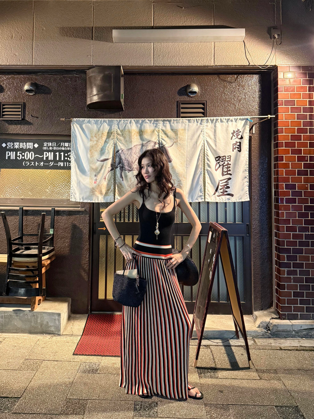 1S Retro Vertical Striped Suspender Skirt Long